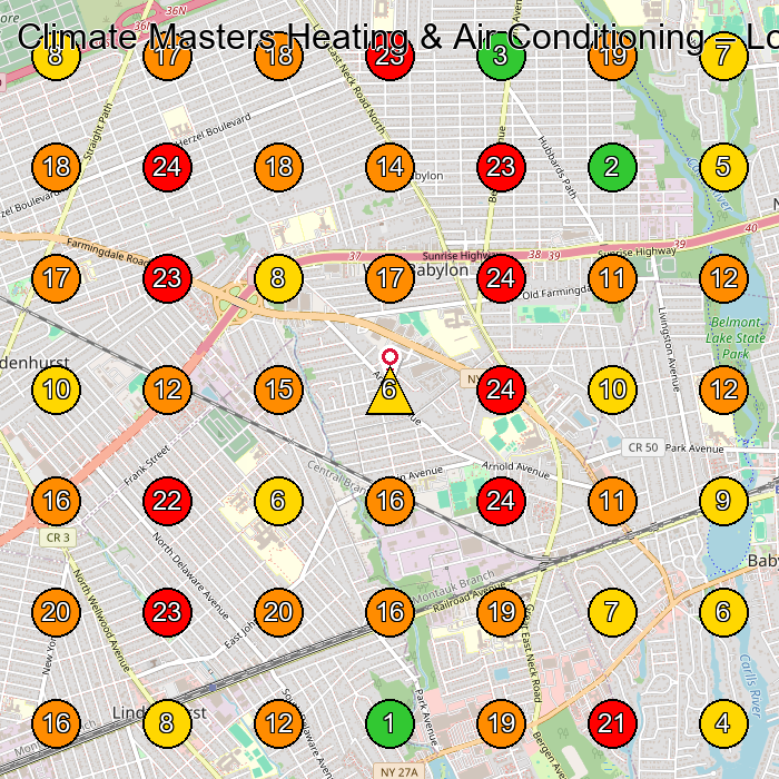 Climate Masters Heating & Air Conditioning Hvac Contractor GeoGrid ranking map for West Babylon NY